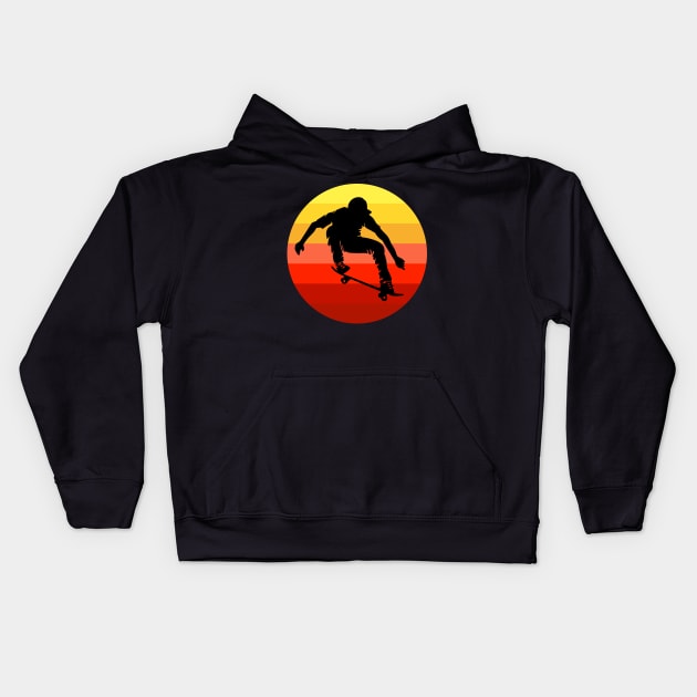 Extreme skateboarder flying in front of retro vintage sunset Kids Hoodie by Cat In Orbit ®